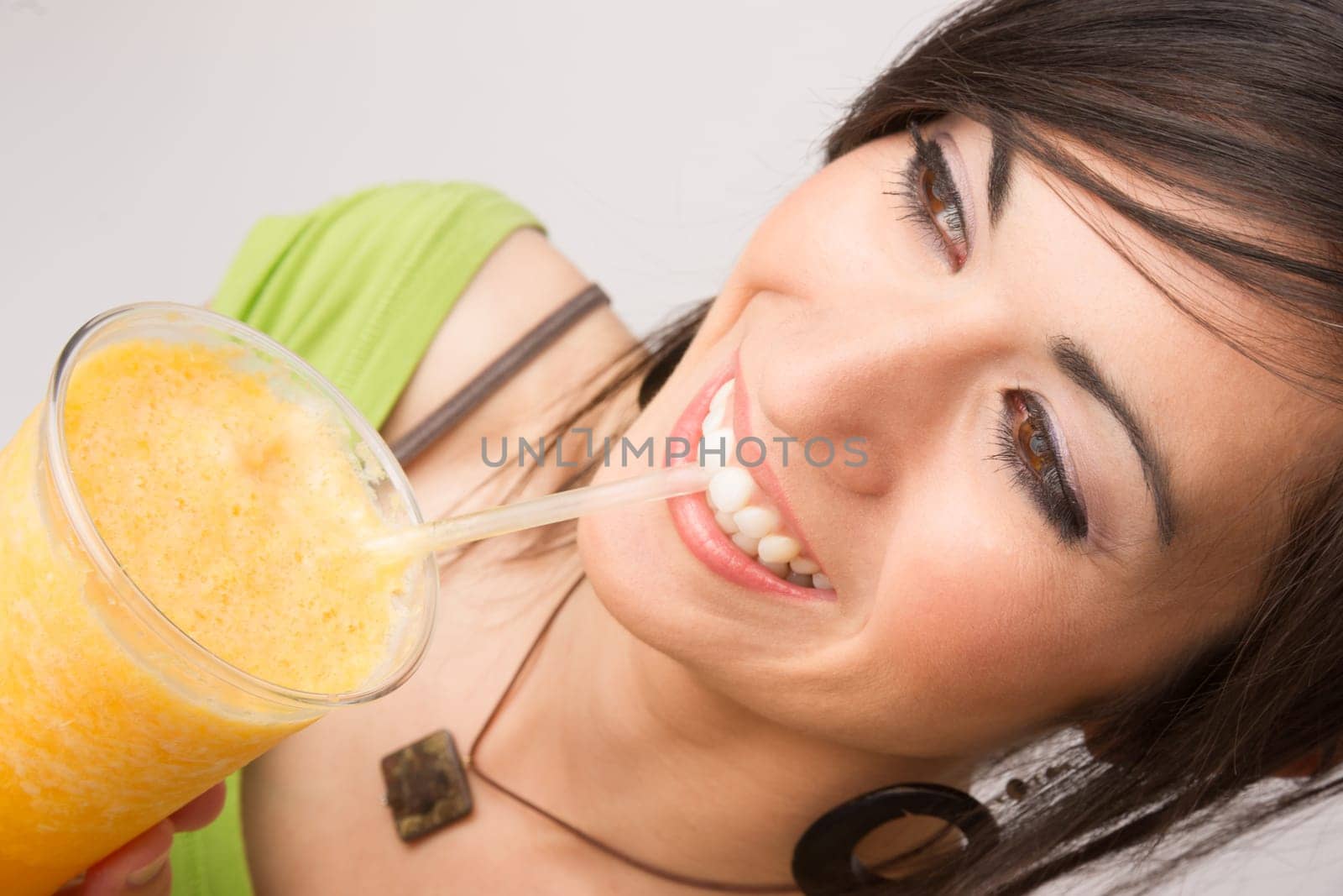 Attractive Woman Intimate Portrait Drinking Orange Fruit Smoothie