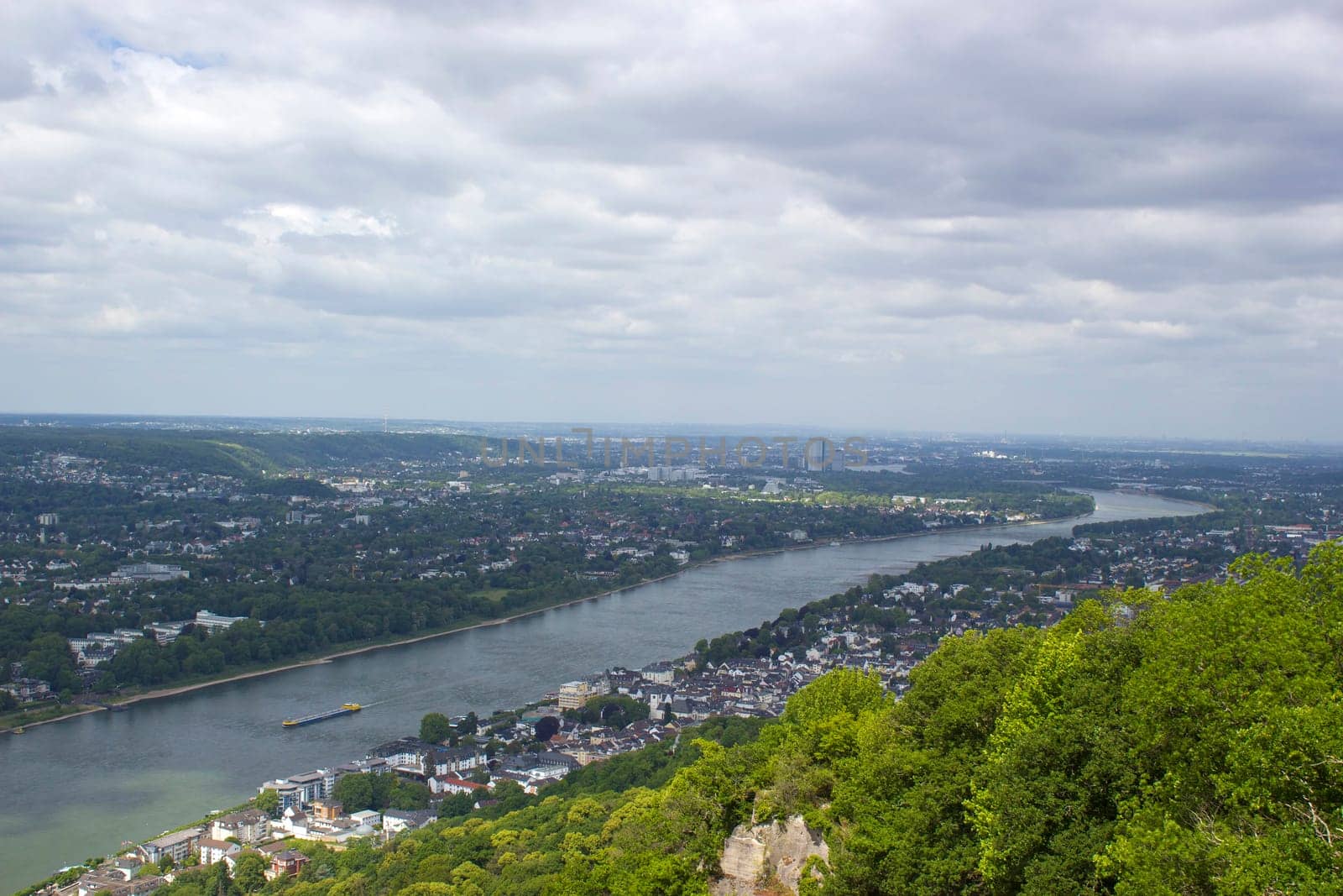 view to river Rhine from the famous mountain Drachenfels in Koenigswinter, Germany