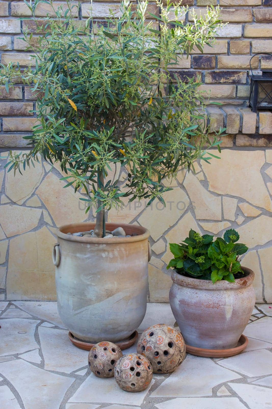 beautiful place in the garden in the mediterranean style, pots with flowers