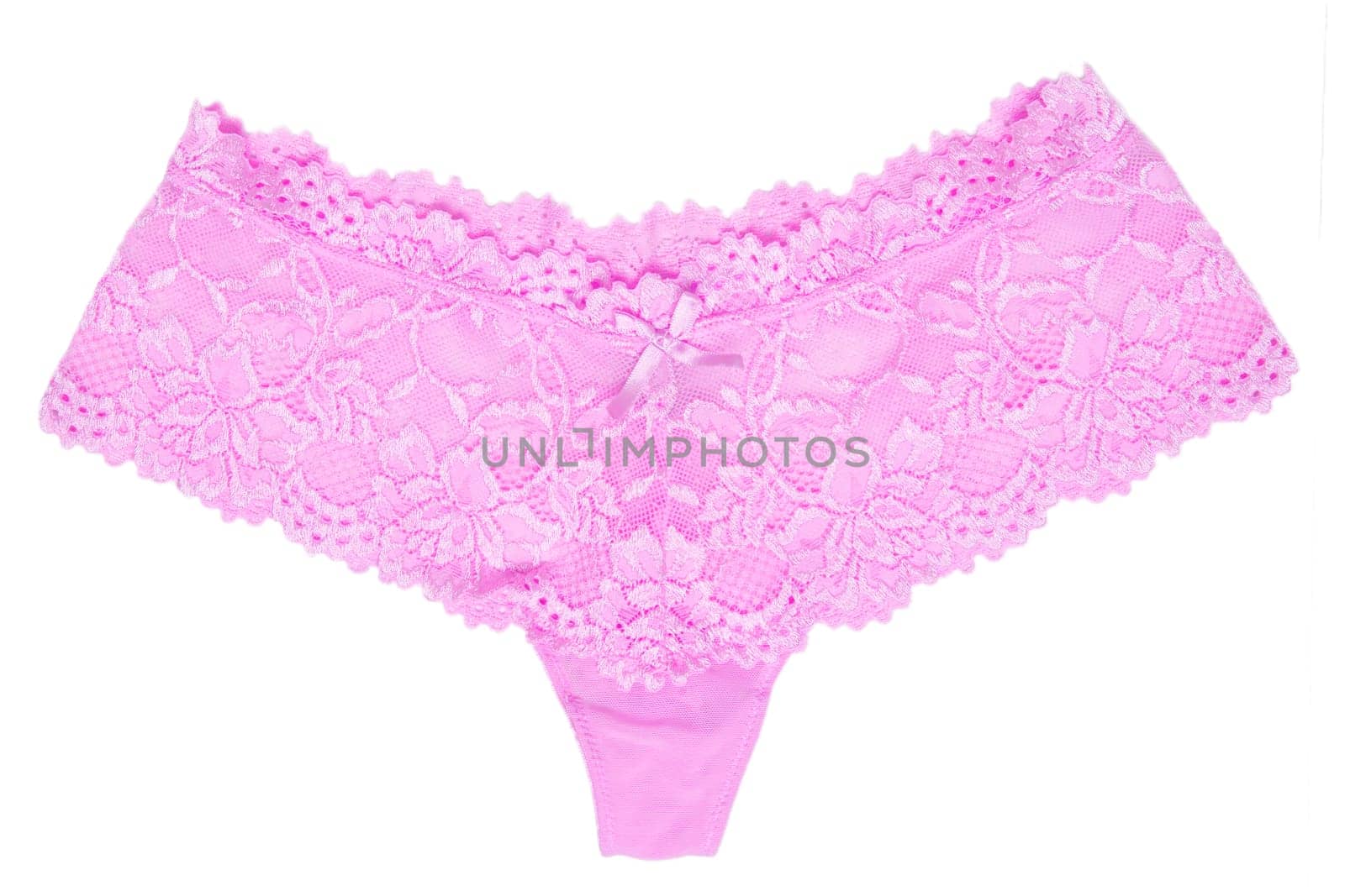Underwear woman isolated. Close-up a luxurious elegant violet lacy thongs panties isolated on a white background. Underwear fashion. Front view.