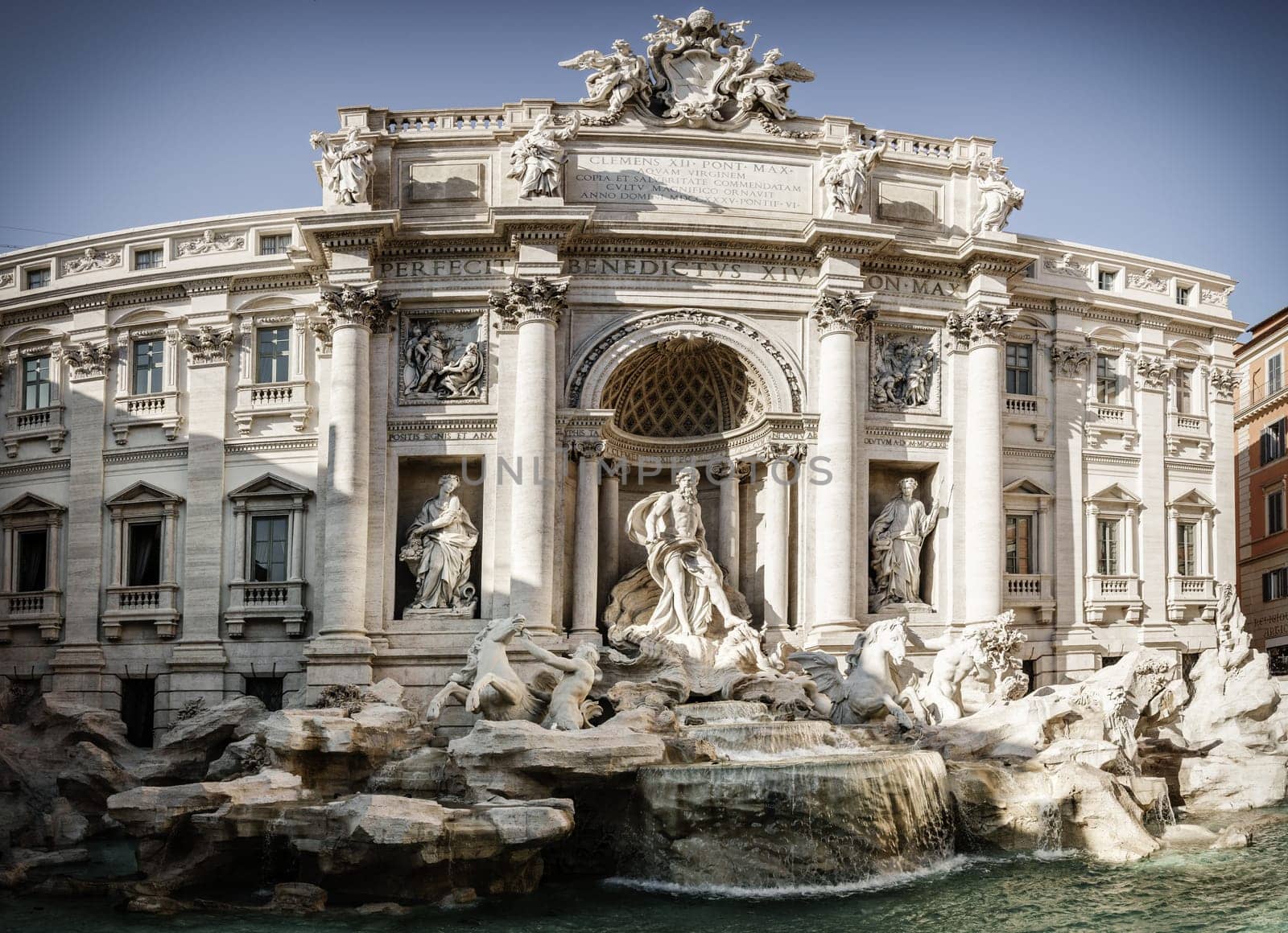 Panoramic view of Trevi Fountain and Palazzo Poli in Rome, Italy