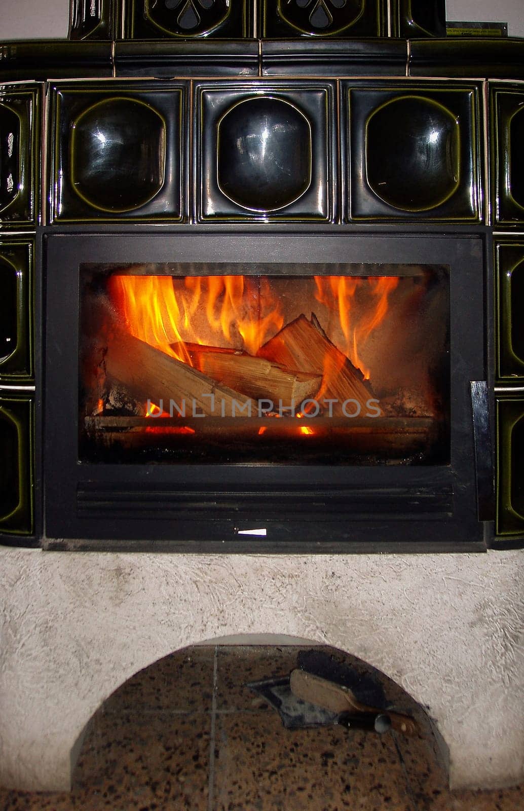 Fireplace with burning wood