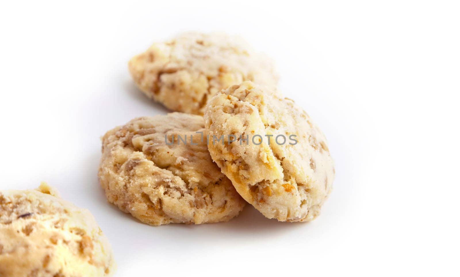 Shortbread with nuts and seeds, homemade cakes. Isolated on a white background close up
