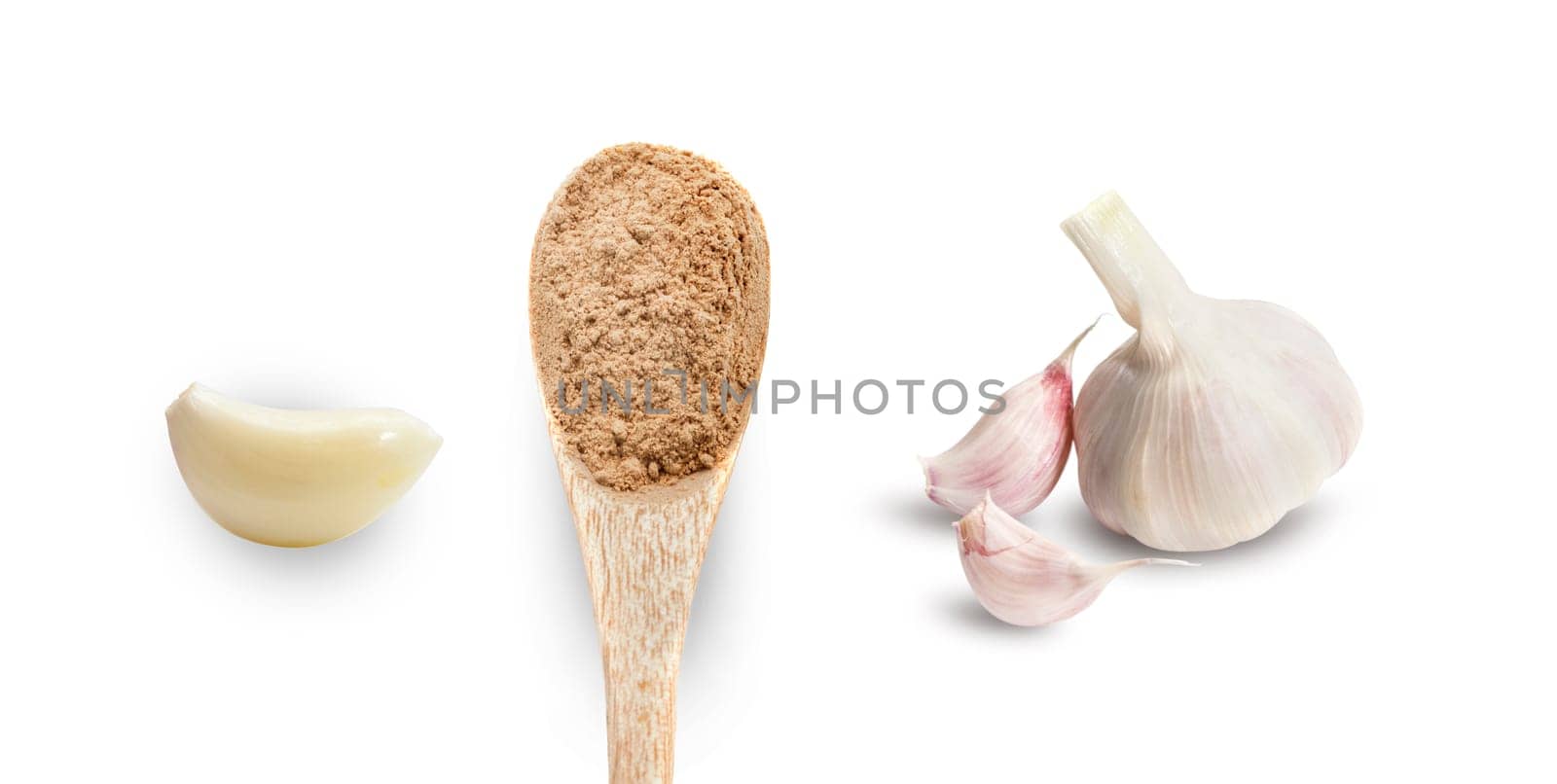 Garlic clove, dry spices in wooden spoon, a whole head of garlic. Isolated on white background