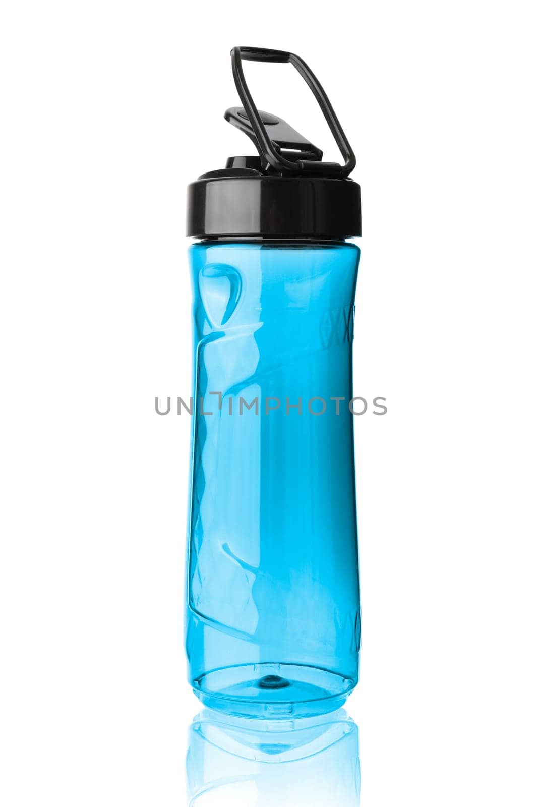 Plastic blue sports bottle. Isolated on white background. With clipping path