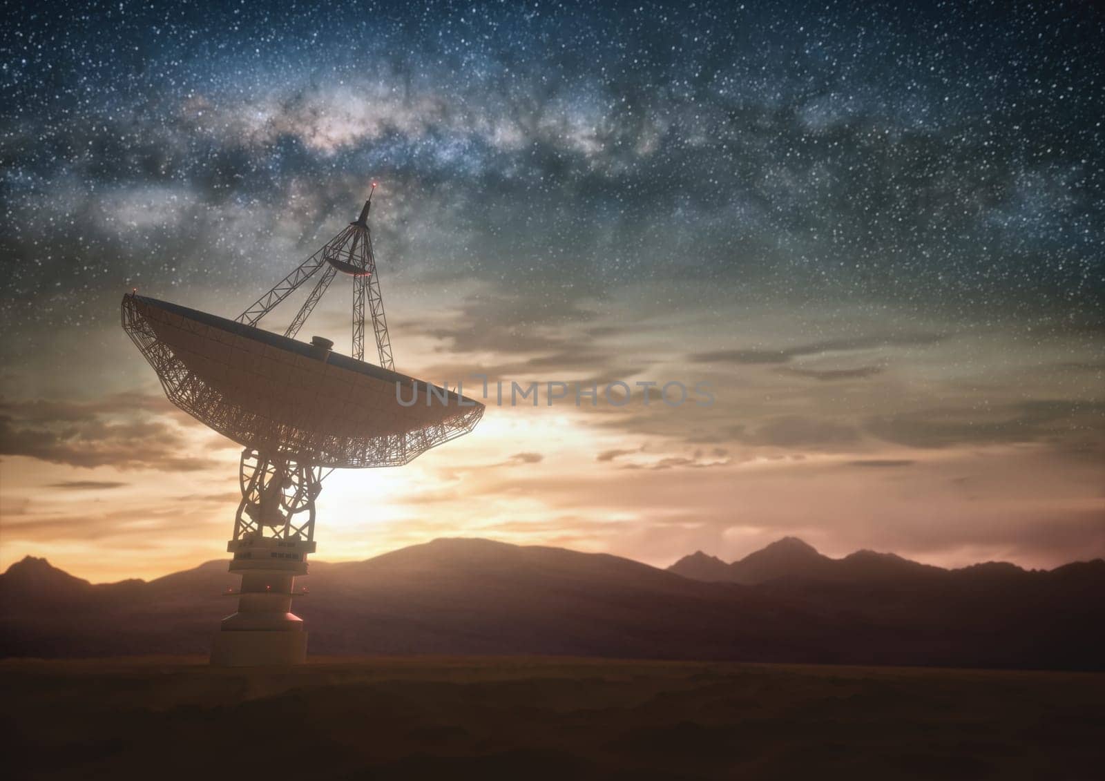 Huge satellite antenna dish for communication and signal reception out of the planet Earth. Observatory searching for radio signal in space at sunset. 3D illustration.