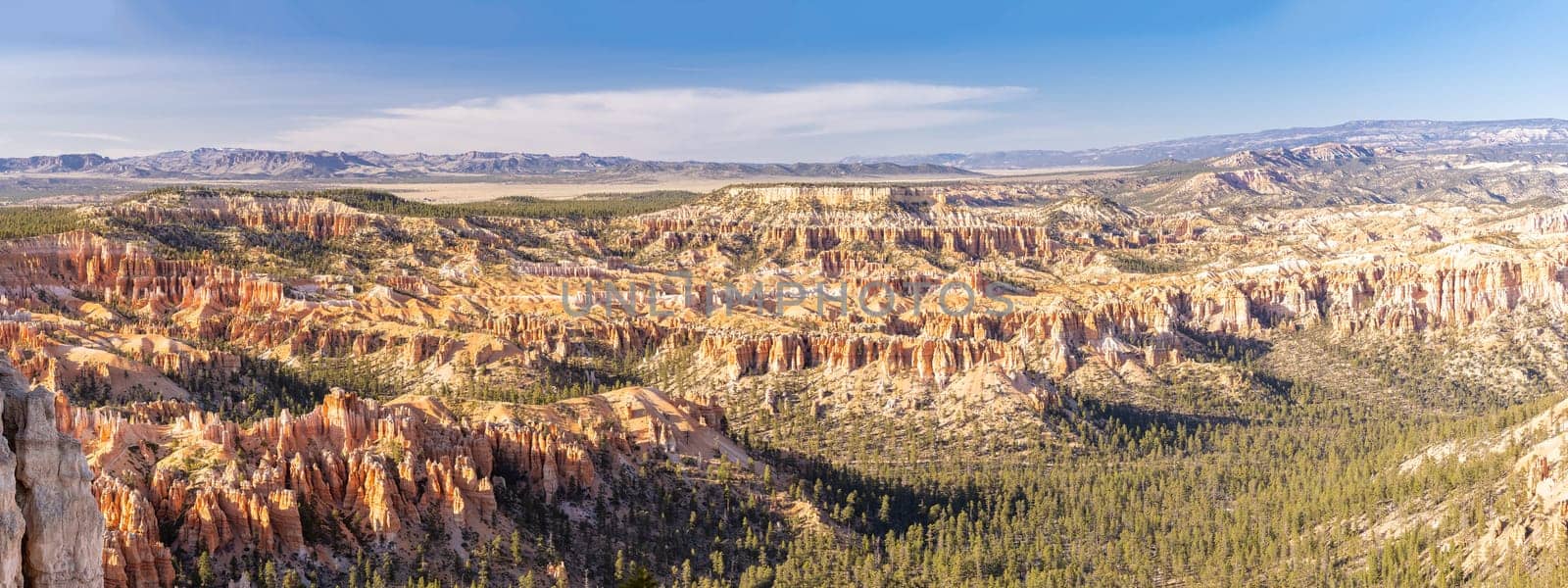 Panorama Landscape Hoodoos in Bryce Canyon National Park viewpoint in Utah United States. USA American National Park Landscape travel destinations and tourism concept. Web Banner crop.