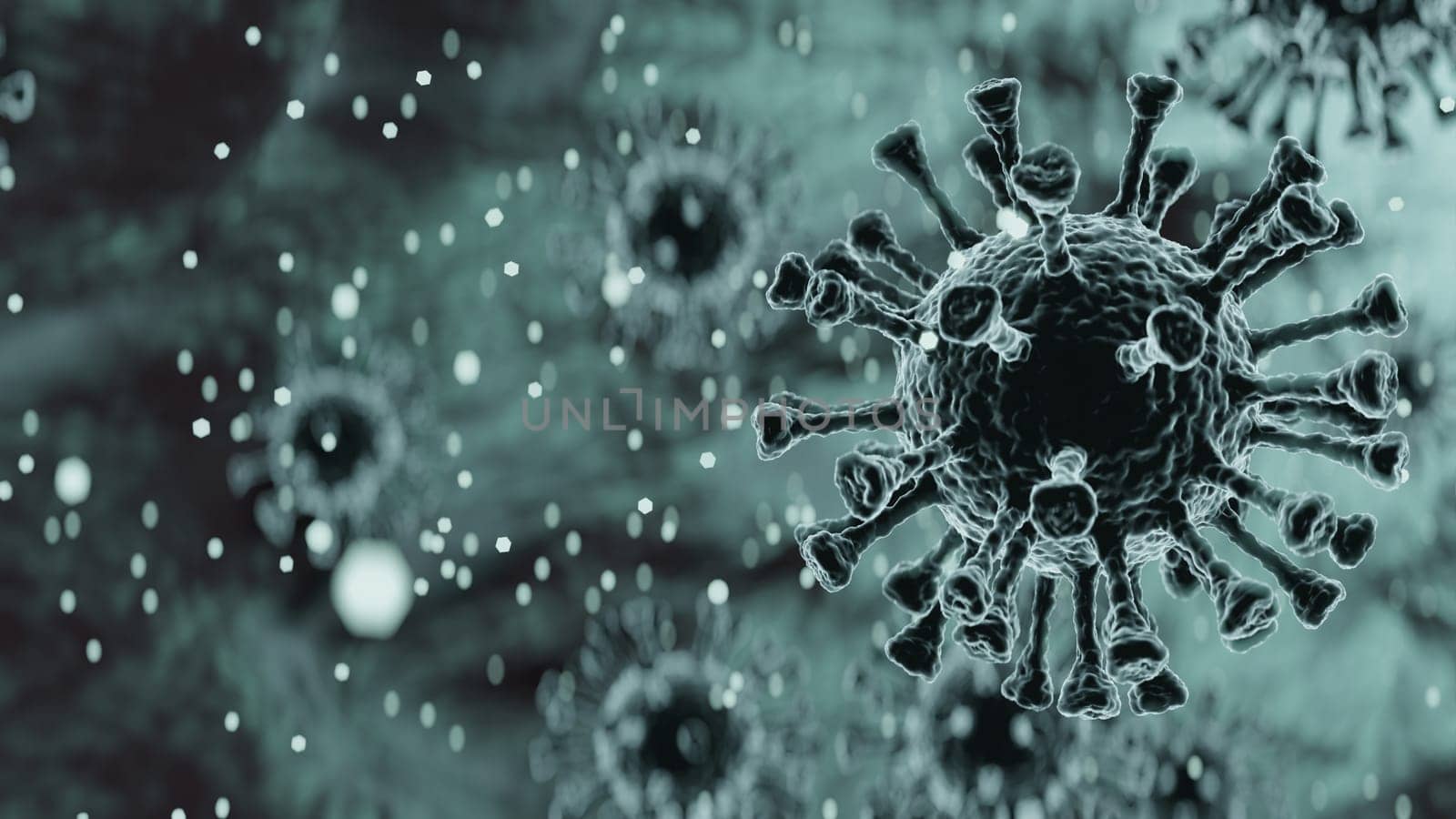 Coronavirus COVID-19 3d render illustration, virus in xray, microbiology and virology concept background