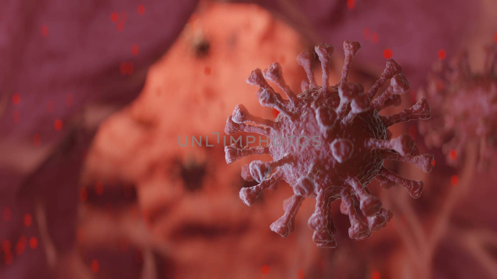 Coronavirus COVID-19 3d render illustration, virus in blood, microbiology and virology concept background