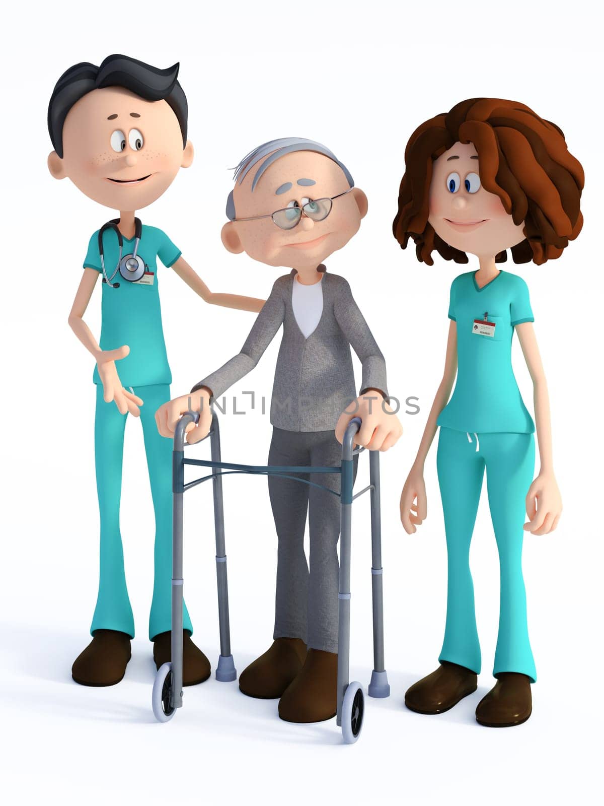 3D rendering of a young nurse and smiling friendly cartoon doctor wearing a stethoscope helping an elderly man with walker. White background.