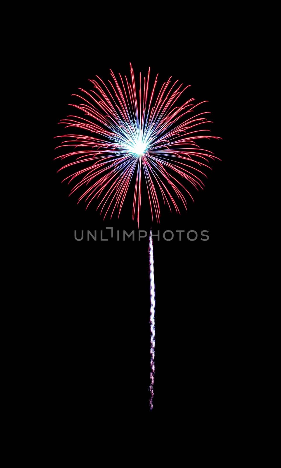 Beautiful red and blue fireworks exploding in the night sky, isolated on black background. New year and anniversary concept.