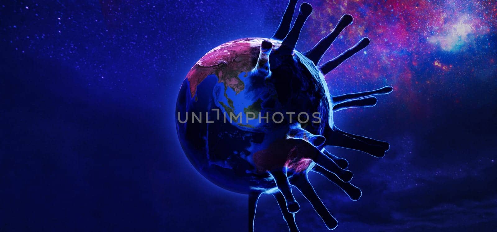 View of Earth from space with corona virus. Concept of corona virus Covid-19. Elements of this image furnished by NASA