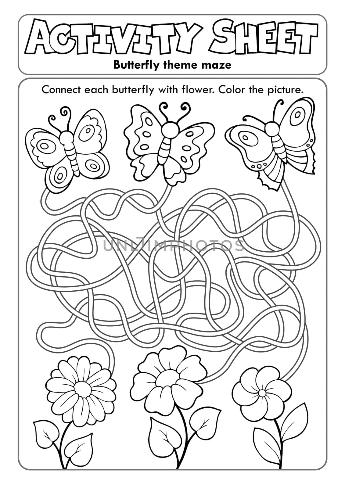Activity sheet butterfly theme maze - picture illustration.