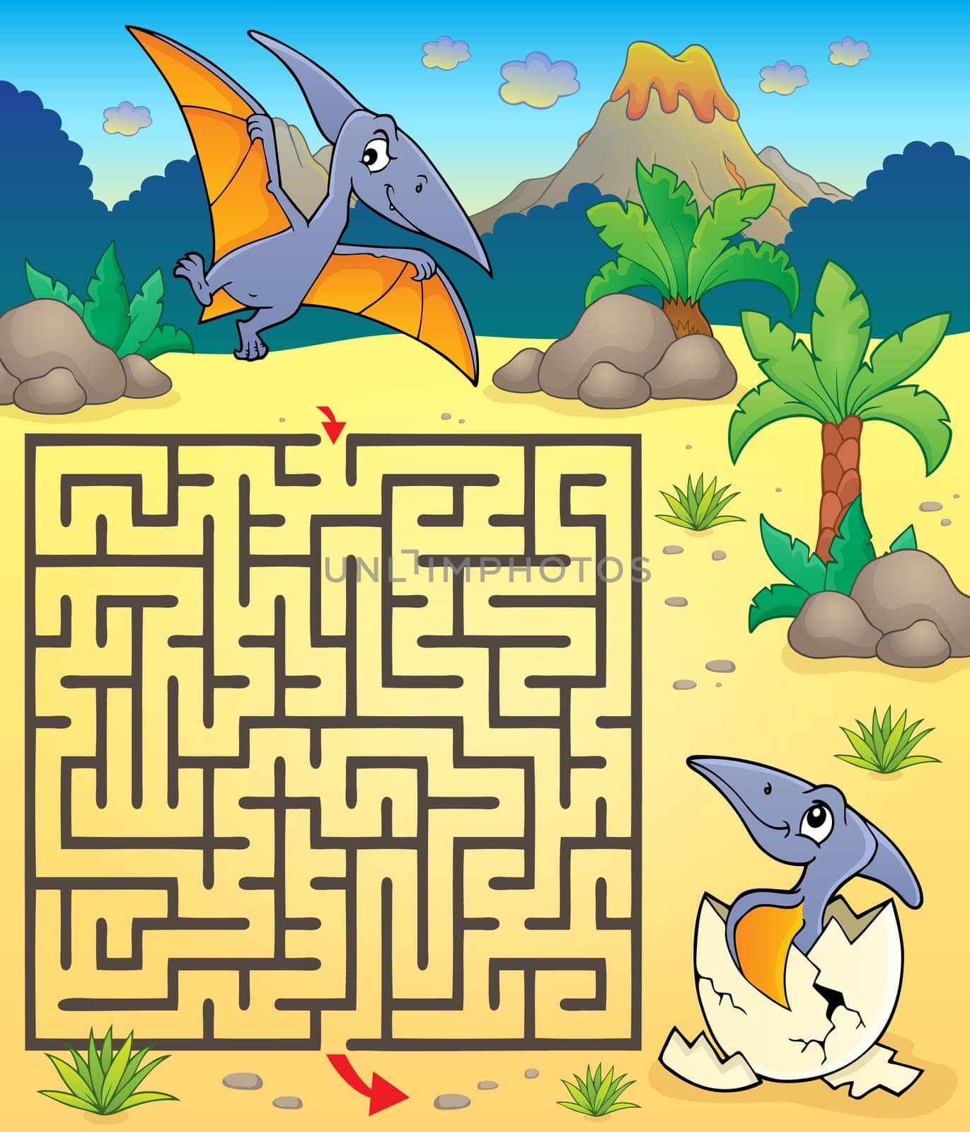 Maze 3 with pterodactyls - picture illustration.