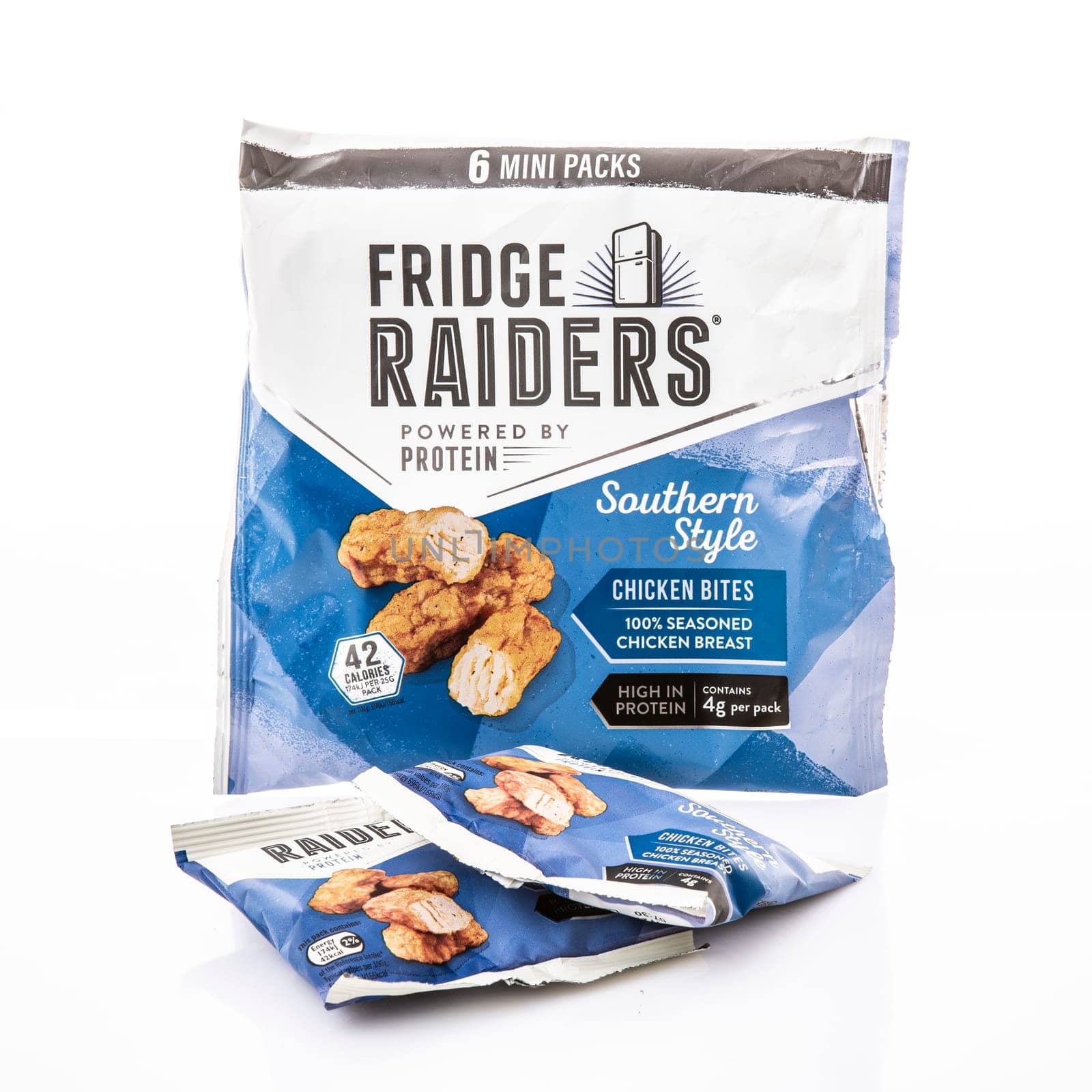 SWINDON, UK - OCTOBER 16, 2018: 6 mini packs of  Southen Style Fridge Raiders on a white background