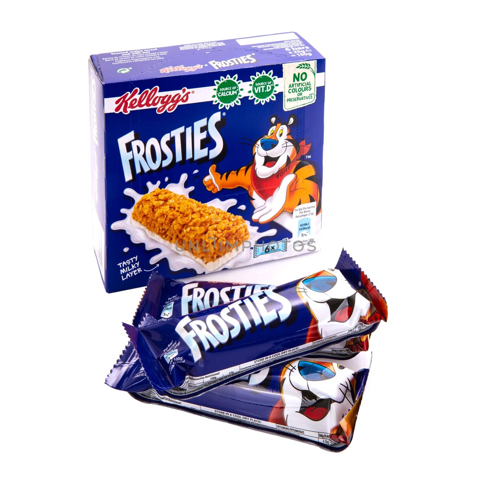SWINDON, UK - NOVEMBER 18 2018: Box of Kelloggs Frosties cereal bars on  white background