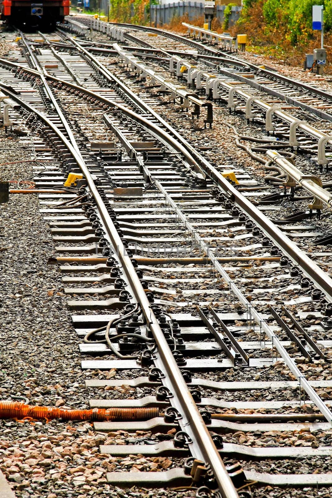 Close up shot of railroad and switch.