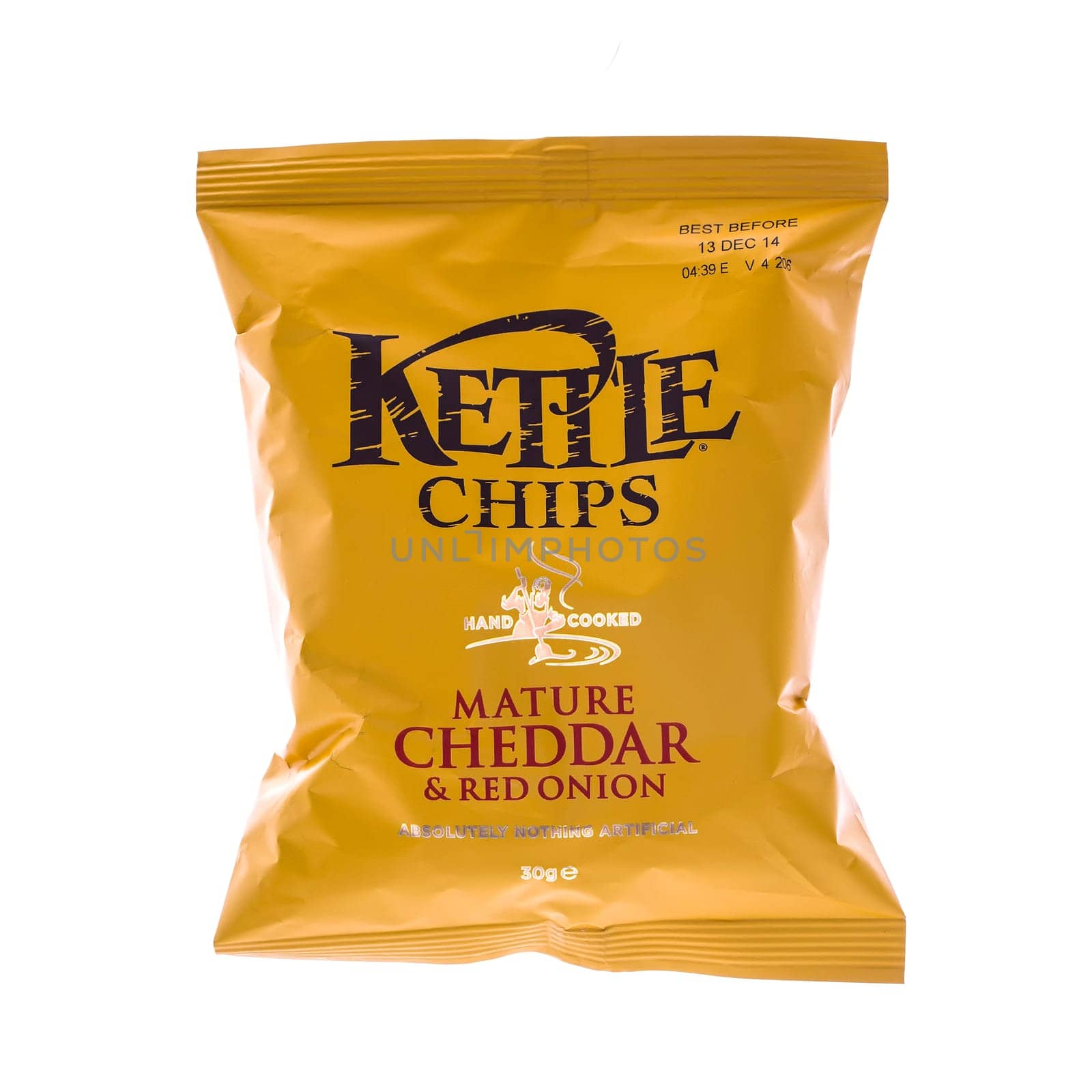 SWINDON, UK - AUGUST 10, 2014: Bag Of Mature Cheddar and Red Onion Kettle Chips on a white background