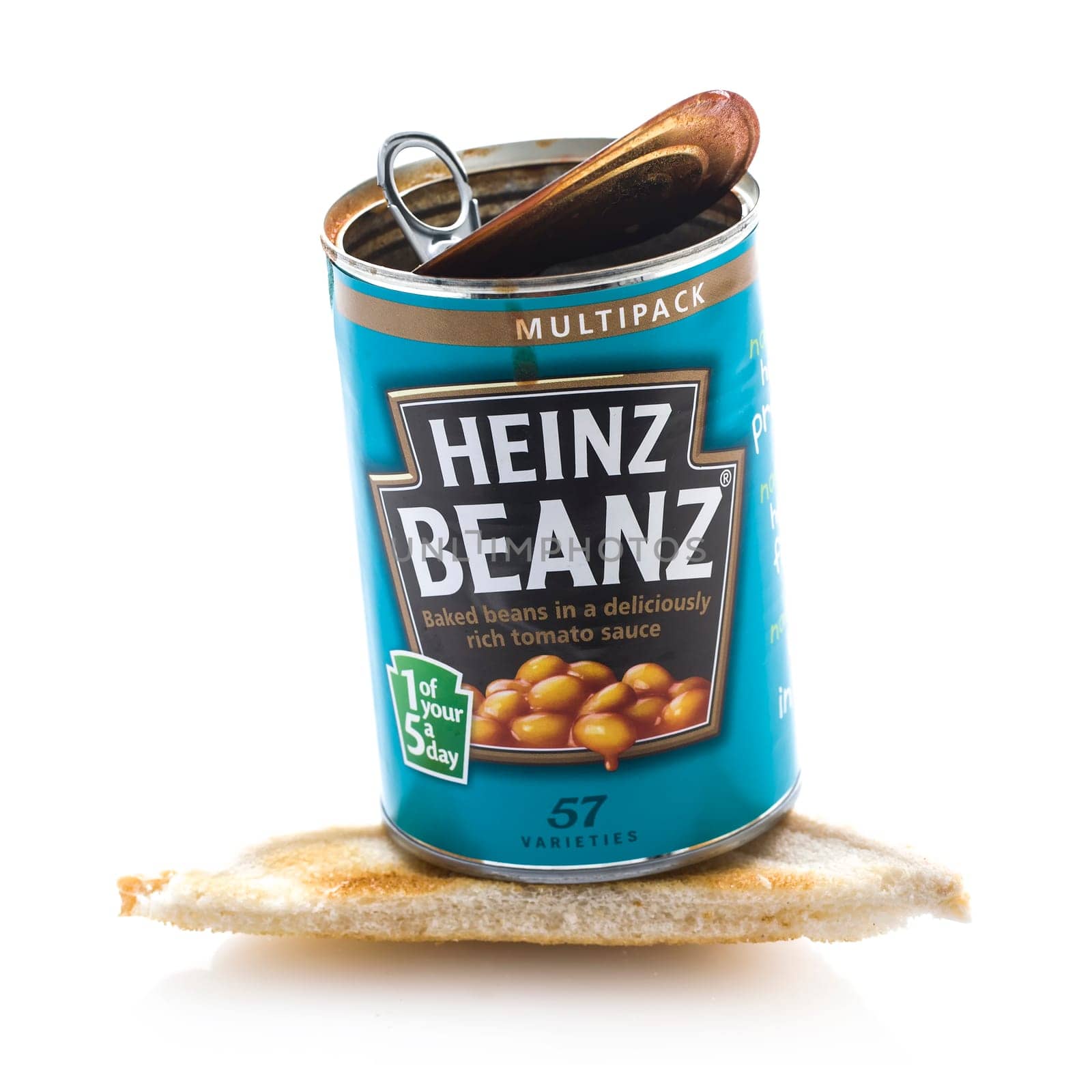SWINDON, UK - AUGUST 10, 2014: Heinz Baked Beanz on Toast On a White Background