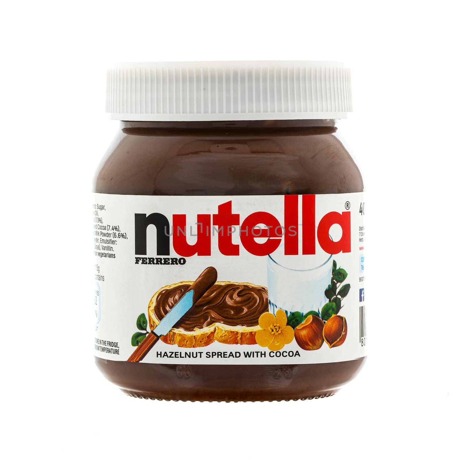 SWINDON, UK - MAY 17, 2014:  Jar of Nutella Hazelnut Spread on a White Background, Nutella is made by the Italian company Ferrero.
