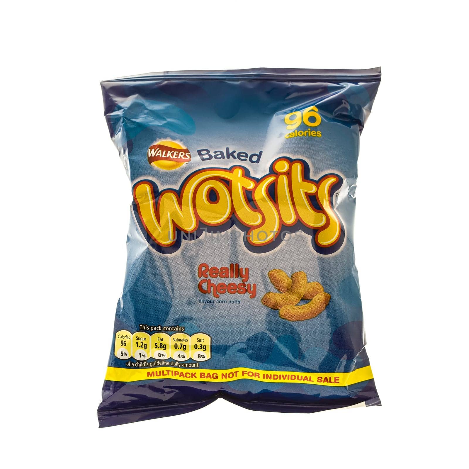 SWINDON, UK - AUGUST 10, 2014: Bag of Walkers Wotsits cheese snack on a white background