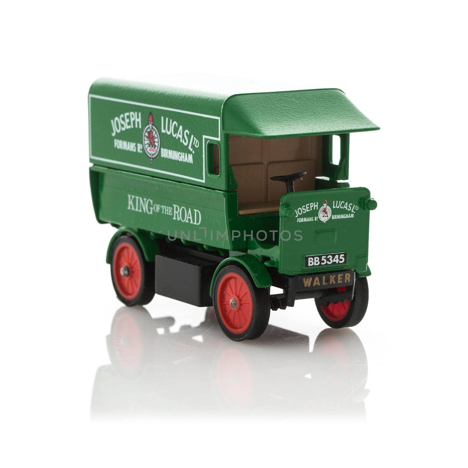 SWINDON, UK - JUNE 21, 2015: Matchbox Yesteryear Y29 1919 Walker Electric Van with Joseph Lucas logos