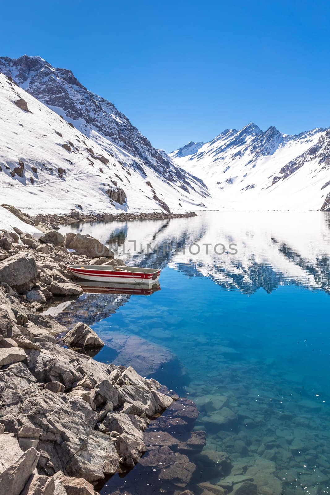 ski in chile on a sunny day with lots of snow. South America.