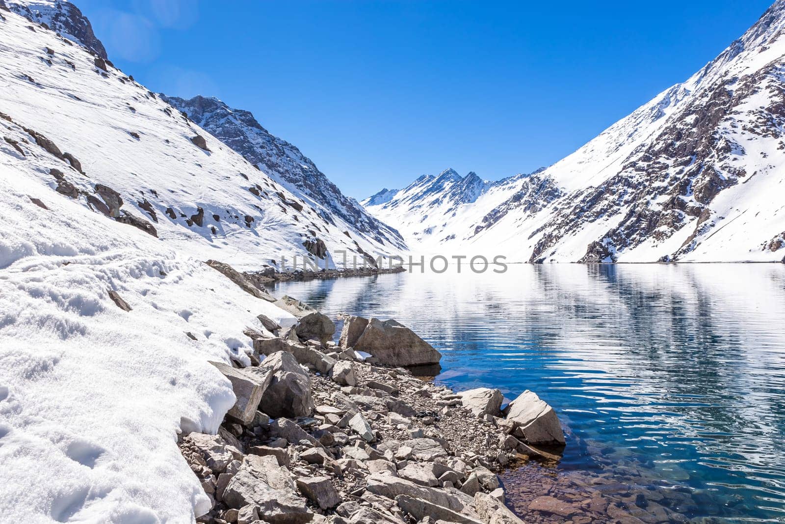 ski in chile on a sunny day with lots of snow. South America.
