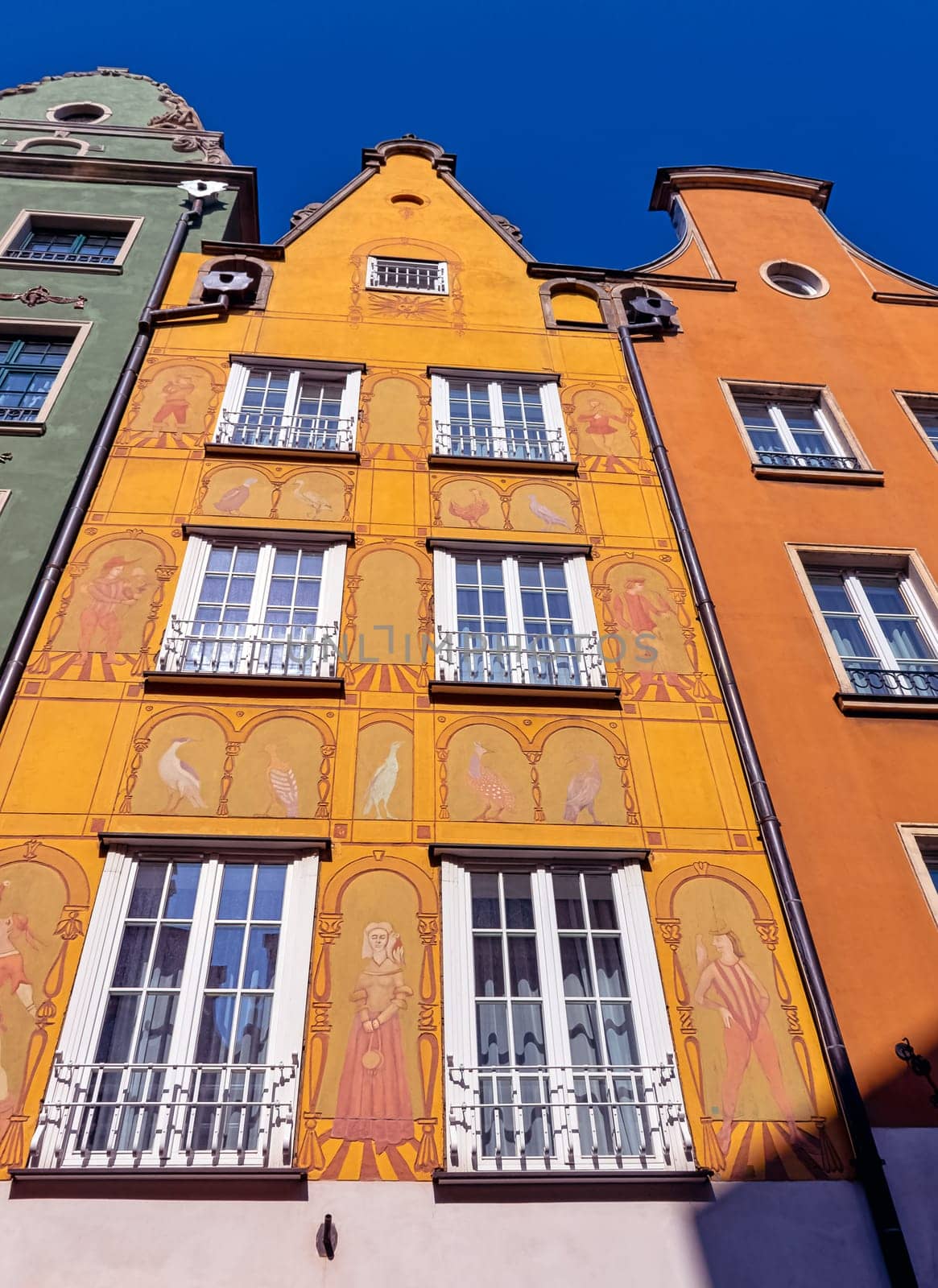Vintage architecture of Old Town in Gdansk, Tricity, Pomerania, Poland on 26 August 2019