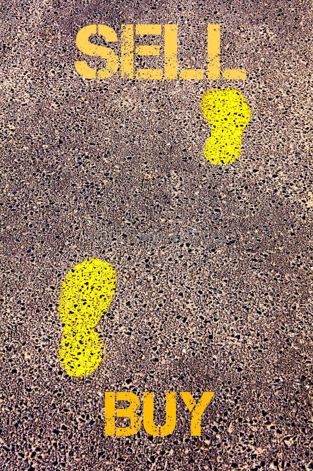 Yellow footsteps on sidewalk from Buy to Sell message. Conceptual image