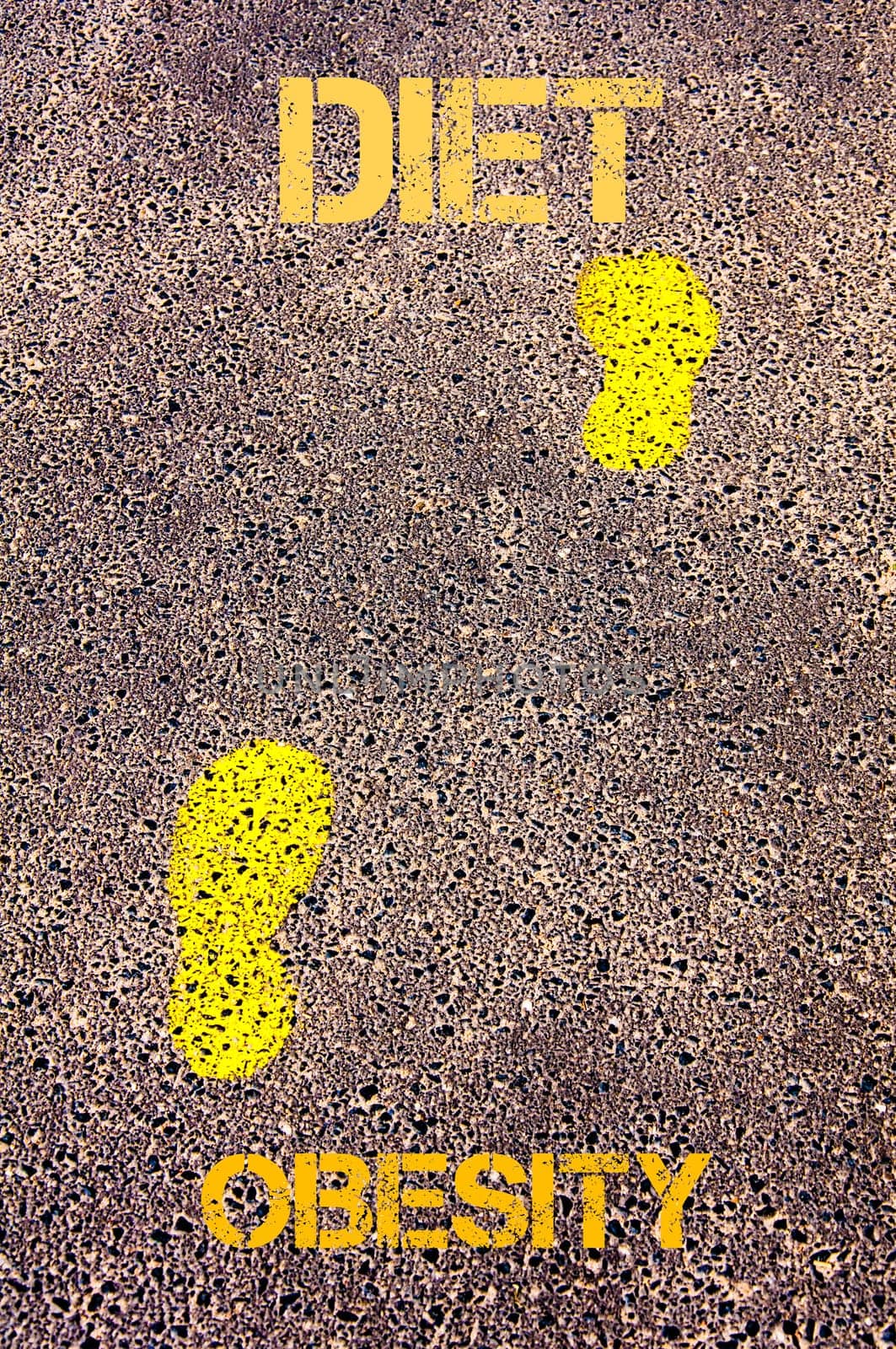 Yellow footsteps on sidewalk from Obesity to Diet message. Conceptual image