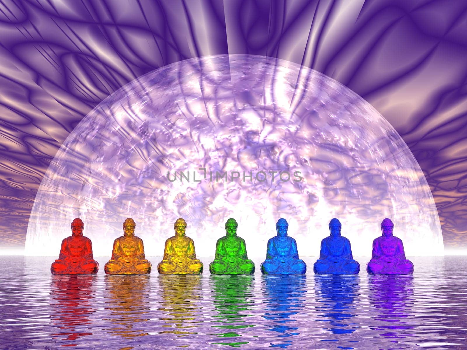 Seven small buddhas in chakra colors meditating upon water in front of big moon - 3D render