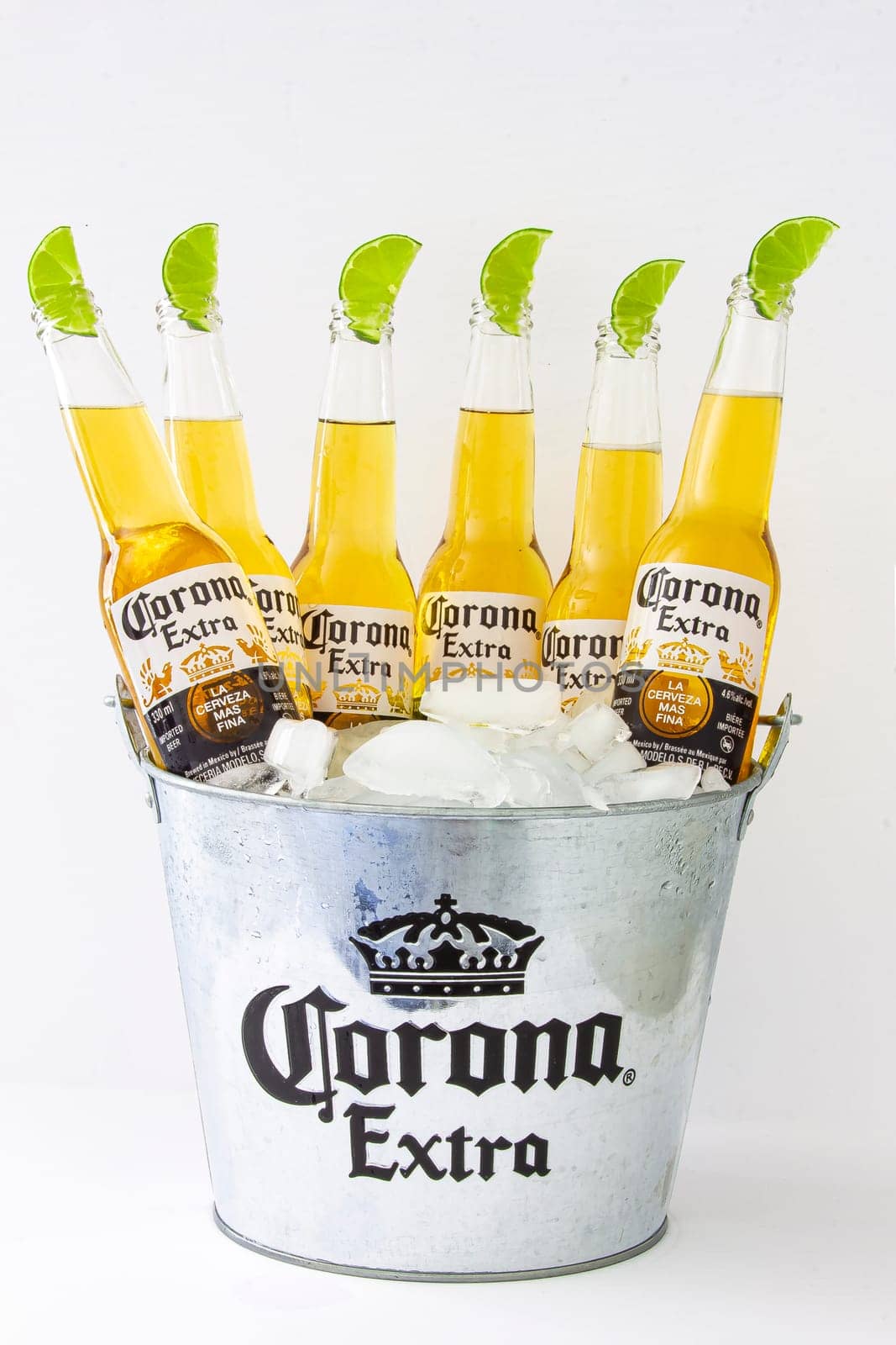 Calgary, Alberta, Canada. June 07, 2020. A bucket of Corona beer bottles with ice and limes