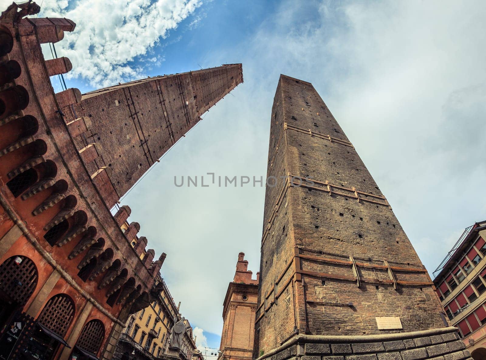 Fisheye view of the Two Towers in historic center of Bologna, Italy