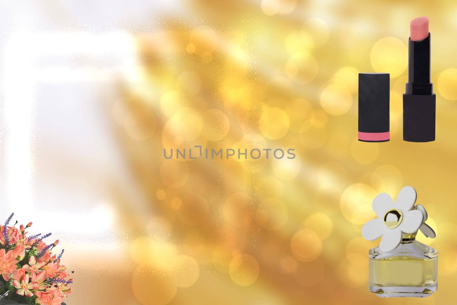 Greeting card template. Decorative composition of colorful beauty and makeup products and gorgeous blooming red pink flowers on a abstract festive golden background with large copy space. Design template for mother day, wedding, valentine, birthday or other holidays. Macro.
