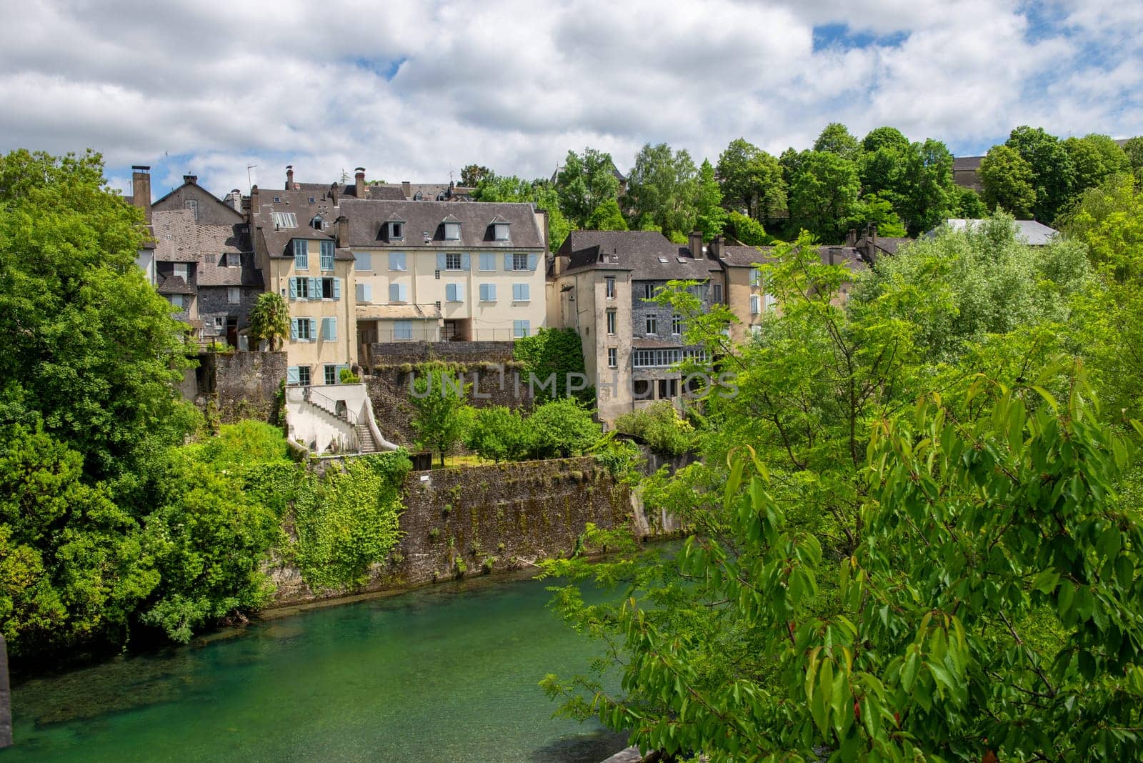 a French landscape in the country on the Oloron river. Oloron Sainte Marie, france