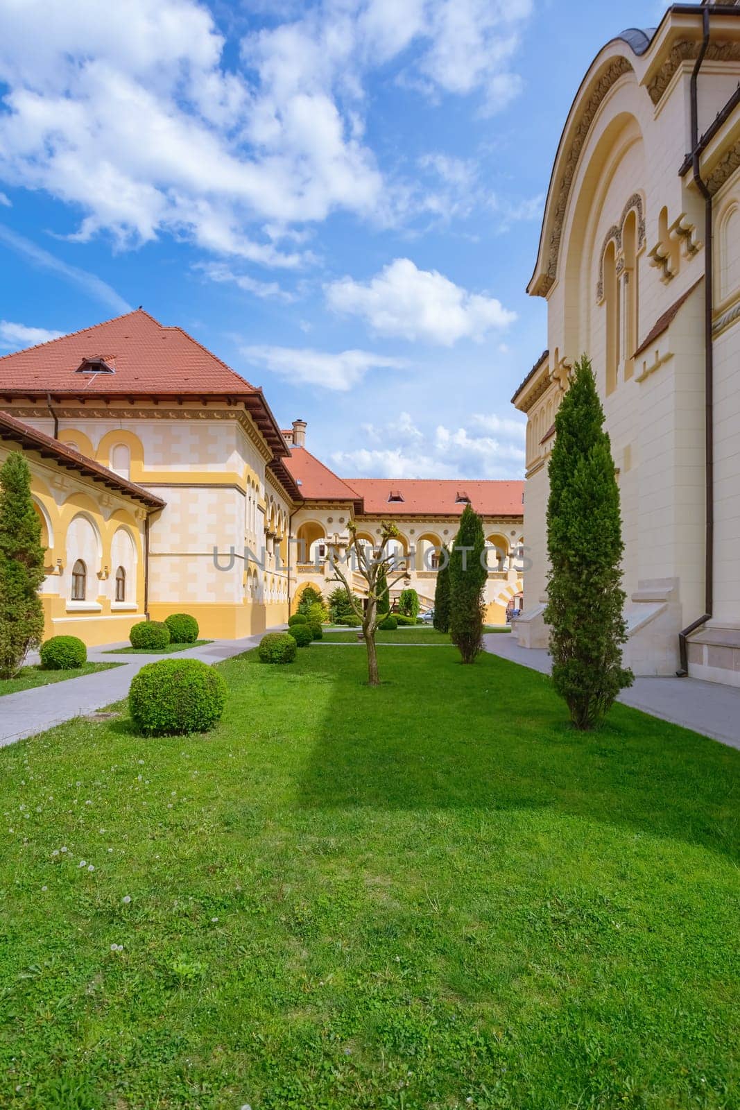 Inner Courtyard of Coronation Cathedral in Alba Carolina Citadel. Alba Iulia, Romania