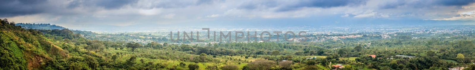 Panoramic view of Costa Rica countryside and small farms near San Jose.