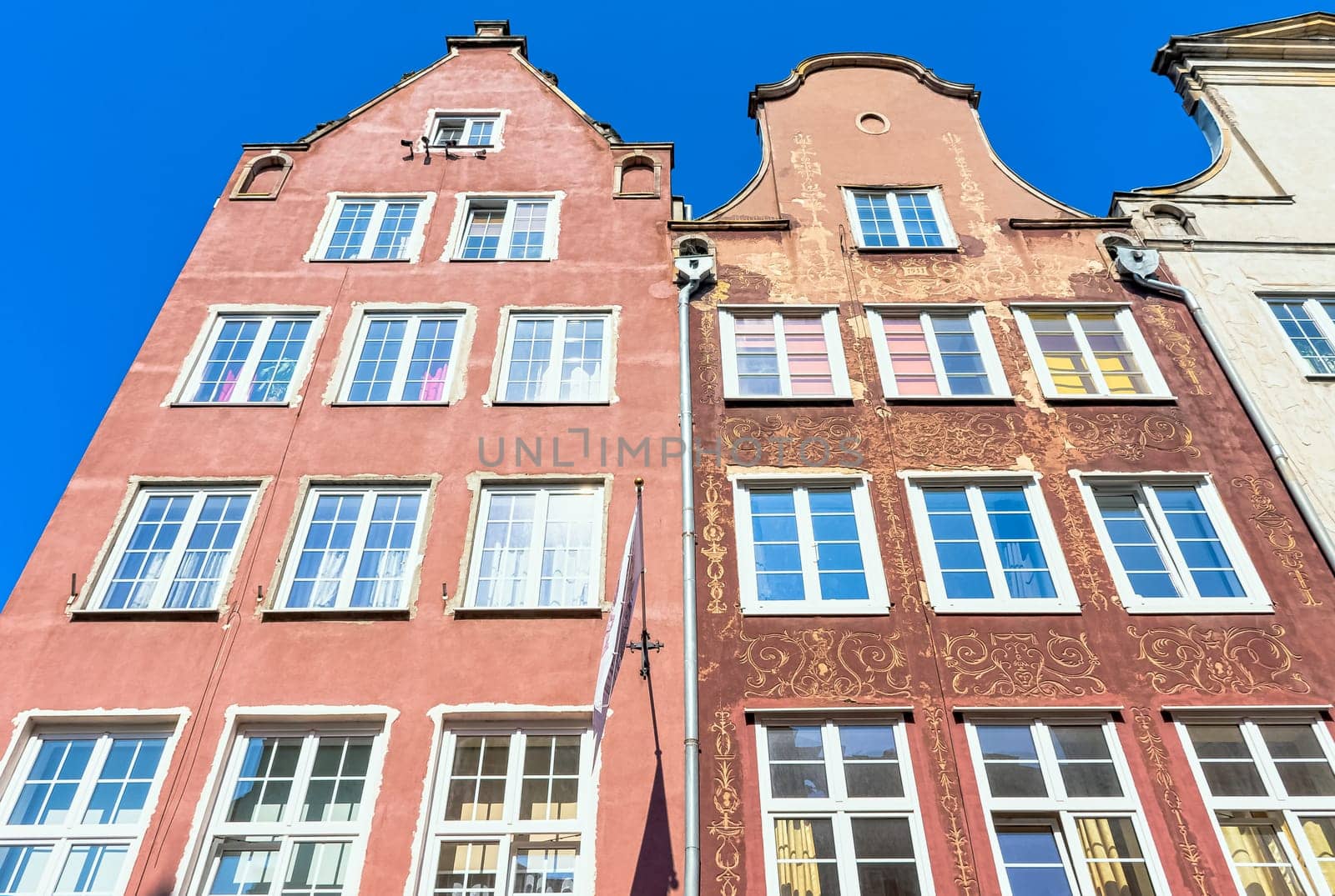 Vintage architecture of Old Town in Gdansk, Tricity, Pomerania, Poland on 26 August 2019