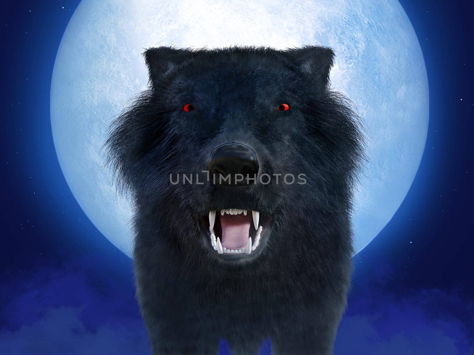 3D rendering of a black growling aggressive wolf or werewolf with glowing red eyes in front of a big moon. Stars in the night sky, fog on the ground.