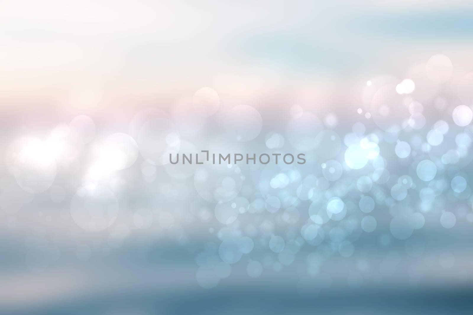 Abstract sunset illustration. Abstract evening or sunset mood background texture with light blue ocean and pastel colored bokeh lights and pink sunny sky. Beautiful sunset.
