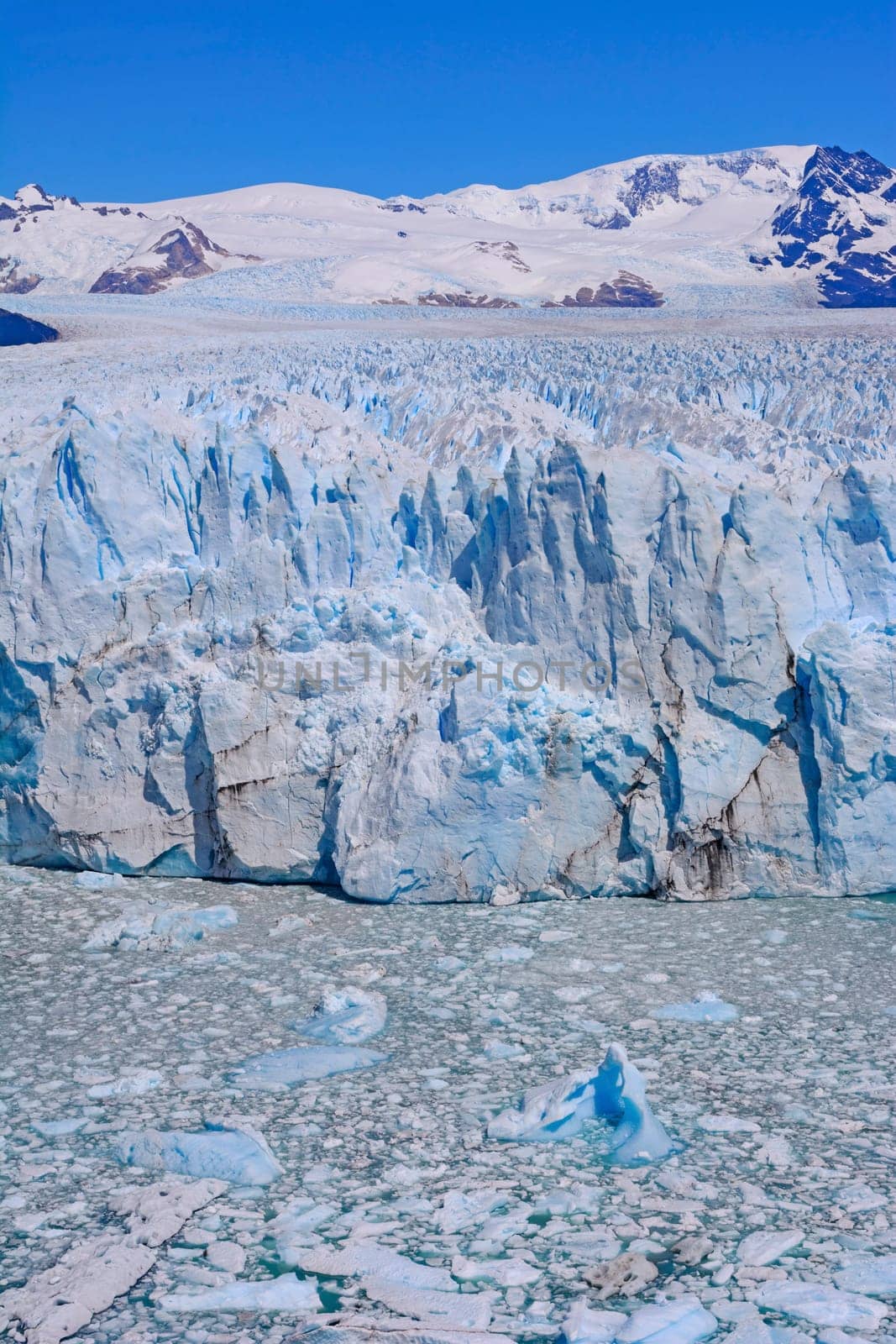 Icy Waters and Icy Mountains in a Glacial Landscape of the Perito Moreno Glacier in Los Glaciares National Park in Argentina