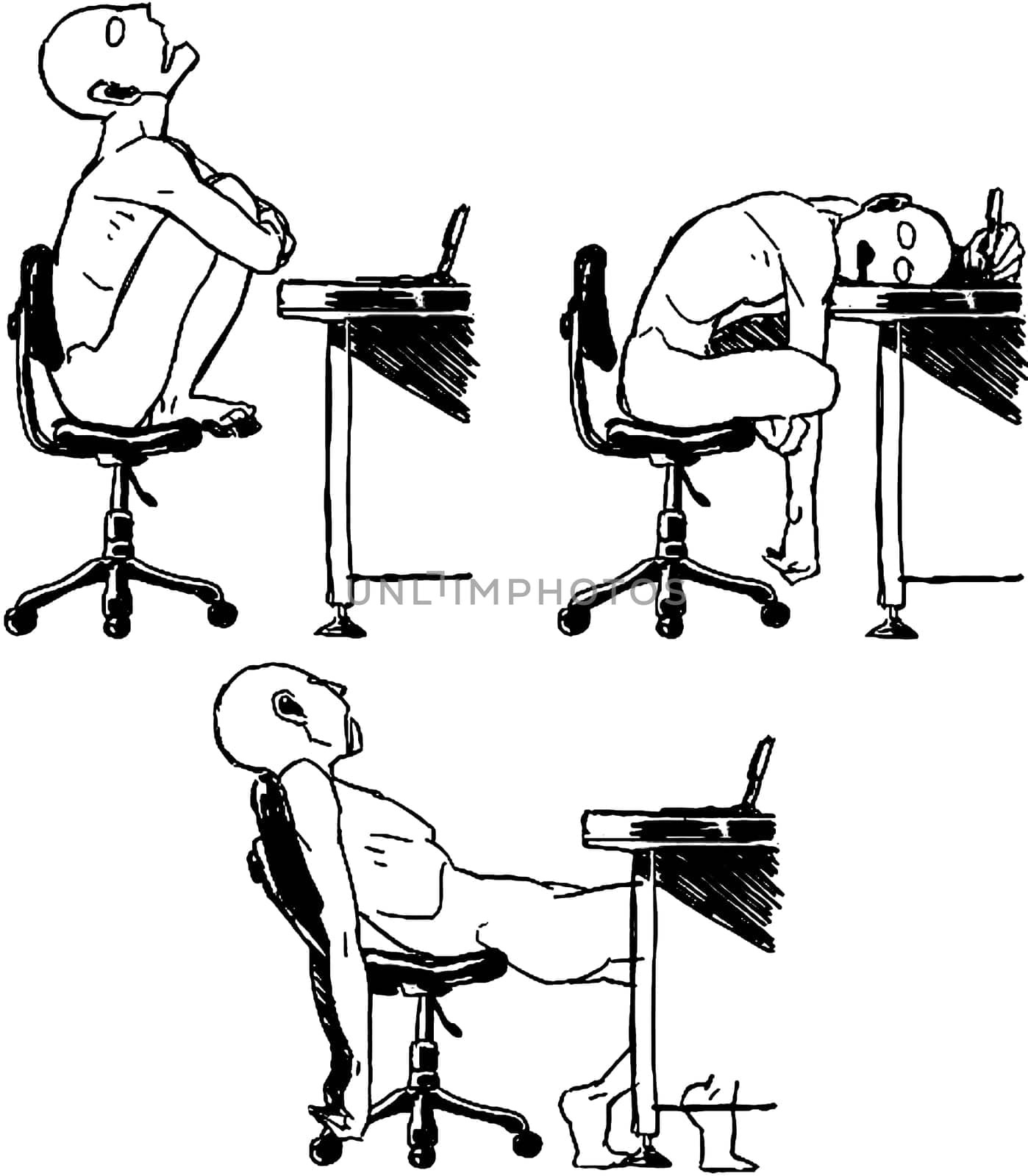 Tutorial of drawing body. Drawn nude man on chair at a computer table
