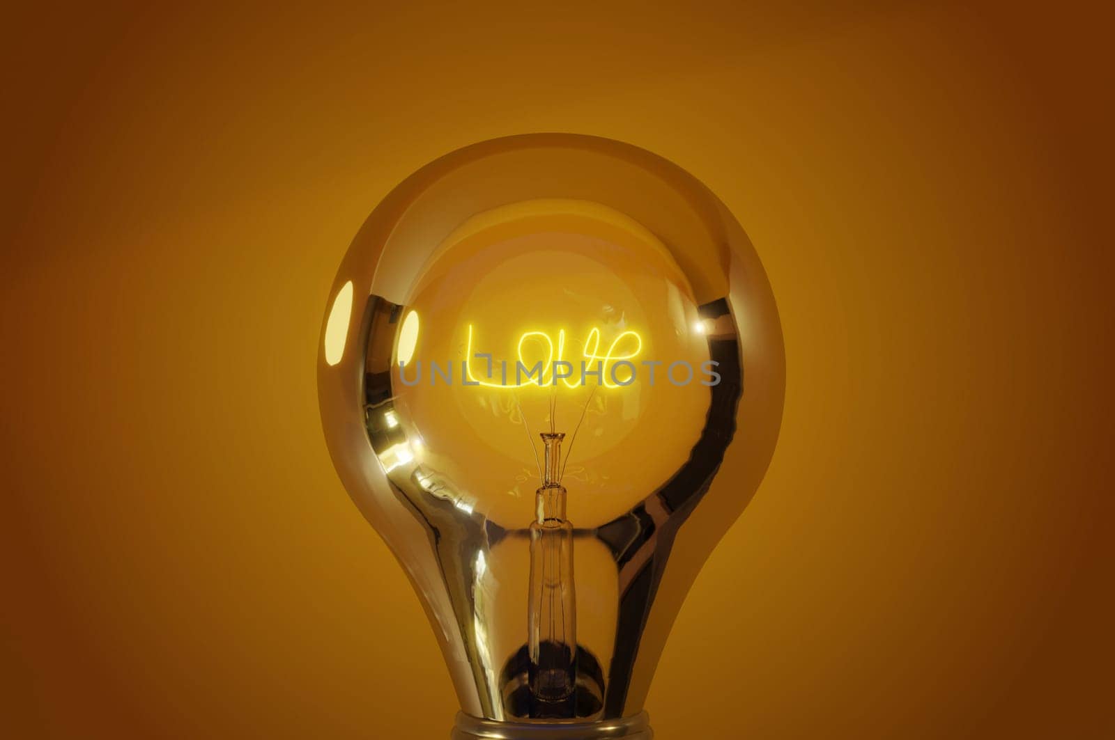 3D rendering background , Close up view, wording " love "" glowing light bulb with warm background .  Concept love , valentineday , summer love"