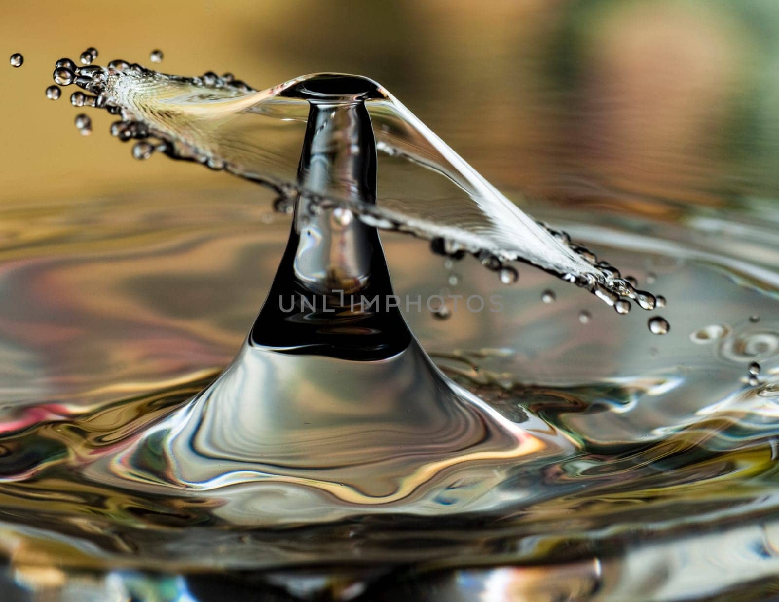 Two drops of water colliding, with second drop striking just as first drop plume is at its peak