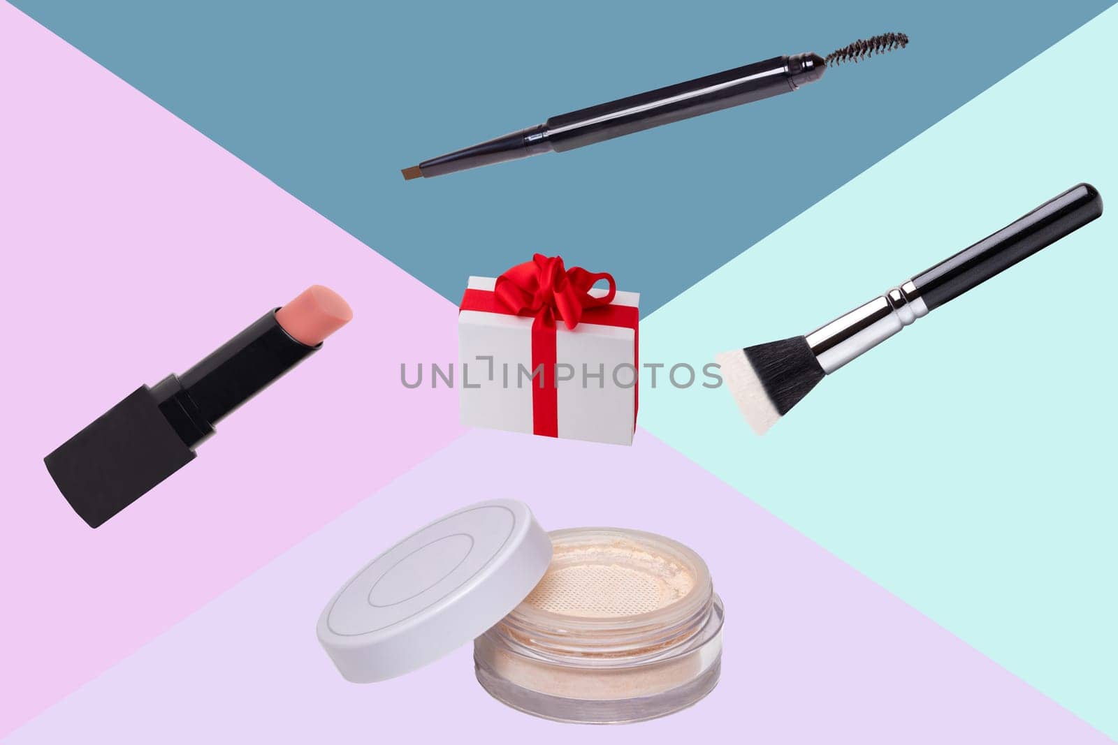 Decorative composition of colorful beauty and makeup products and tools such as powder, eyebrow pencil and brushes on a multicolor background with space. Advertising, design, cover and cosmetics background.