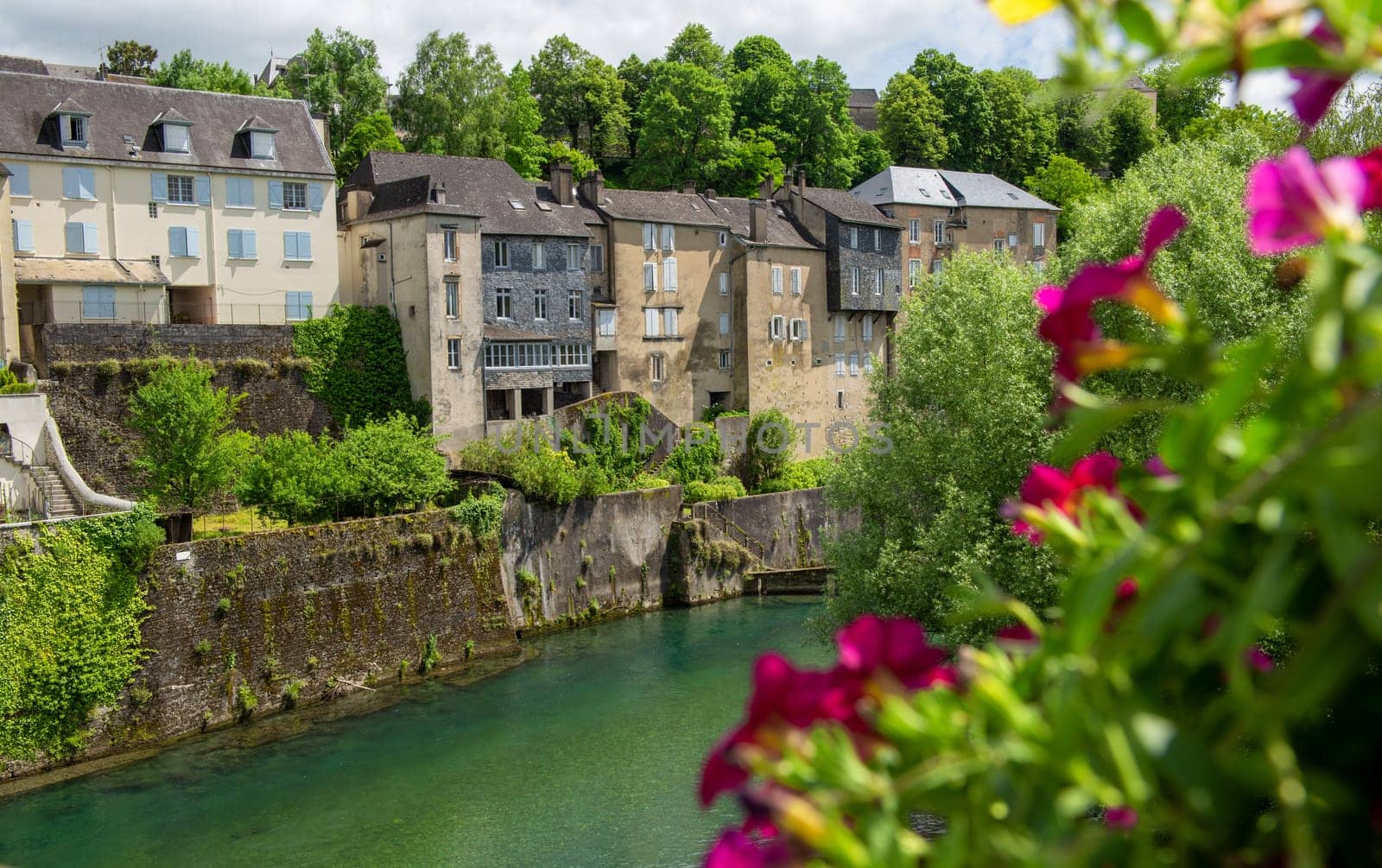 a French landscape in the country on the Oloron river. Oloron Sainte Marie, france