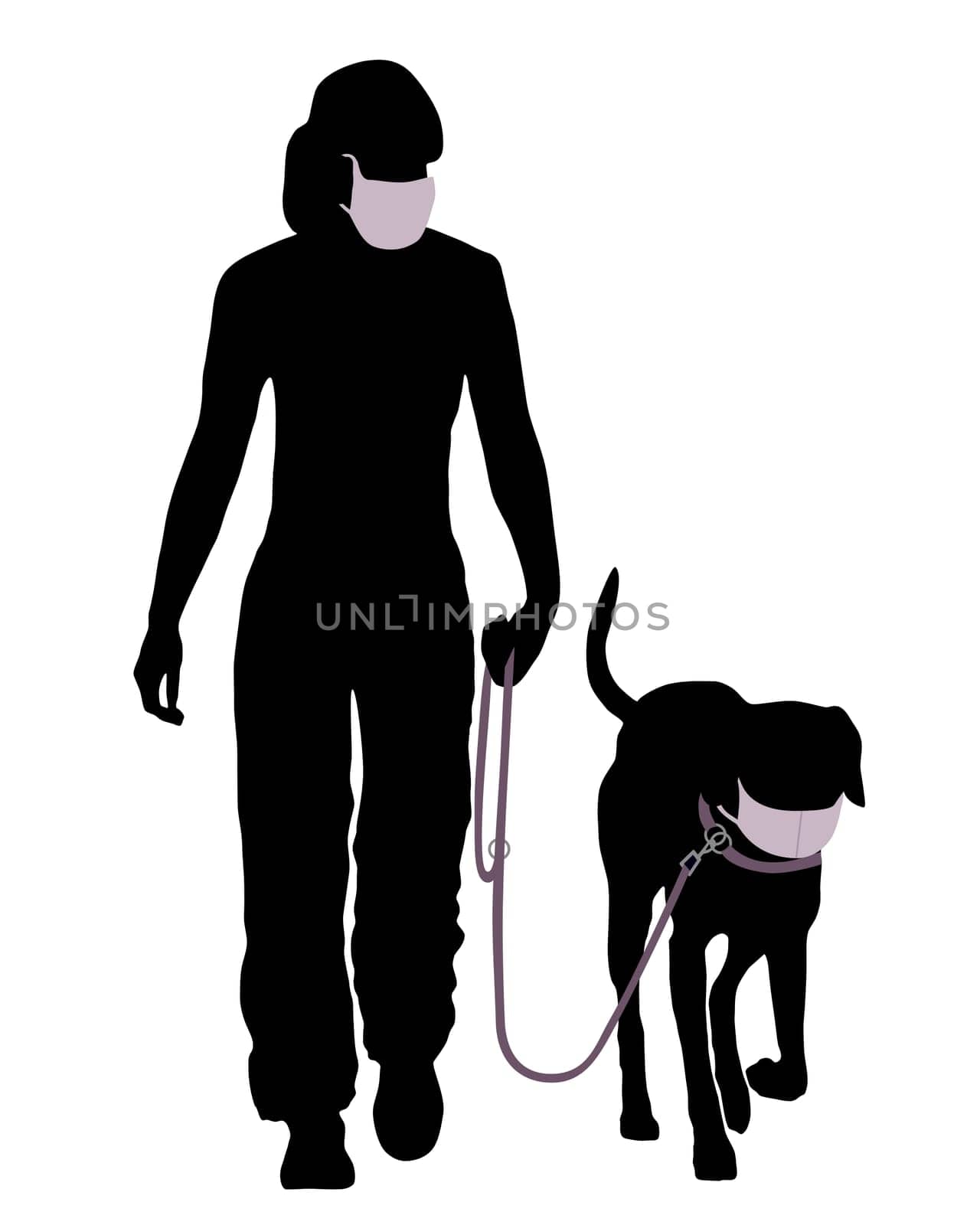 Frau und Hund mit Mundschutz beim Gassi gehen