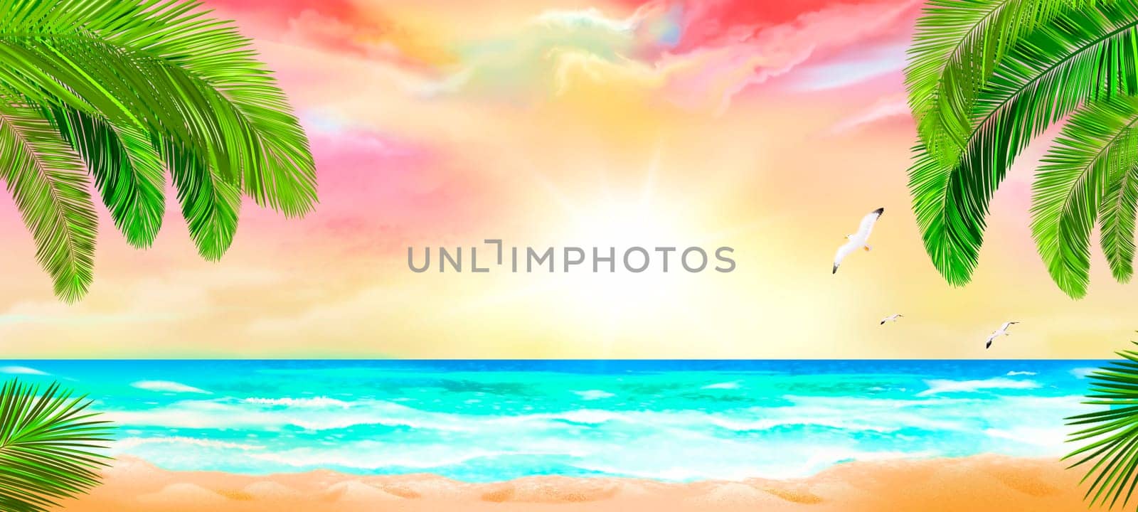 Tropical beach with palm trees and ocean view. Tropical seascape.