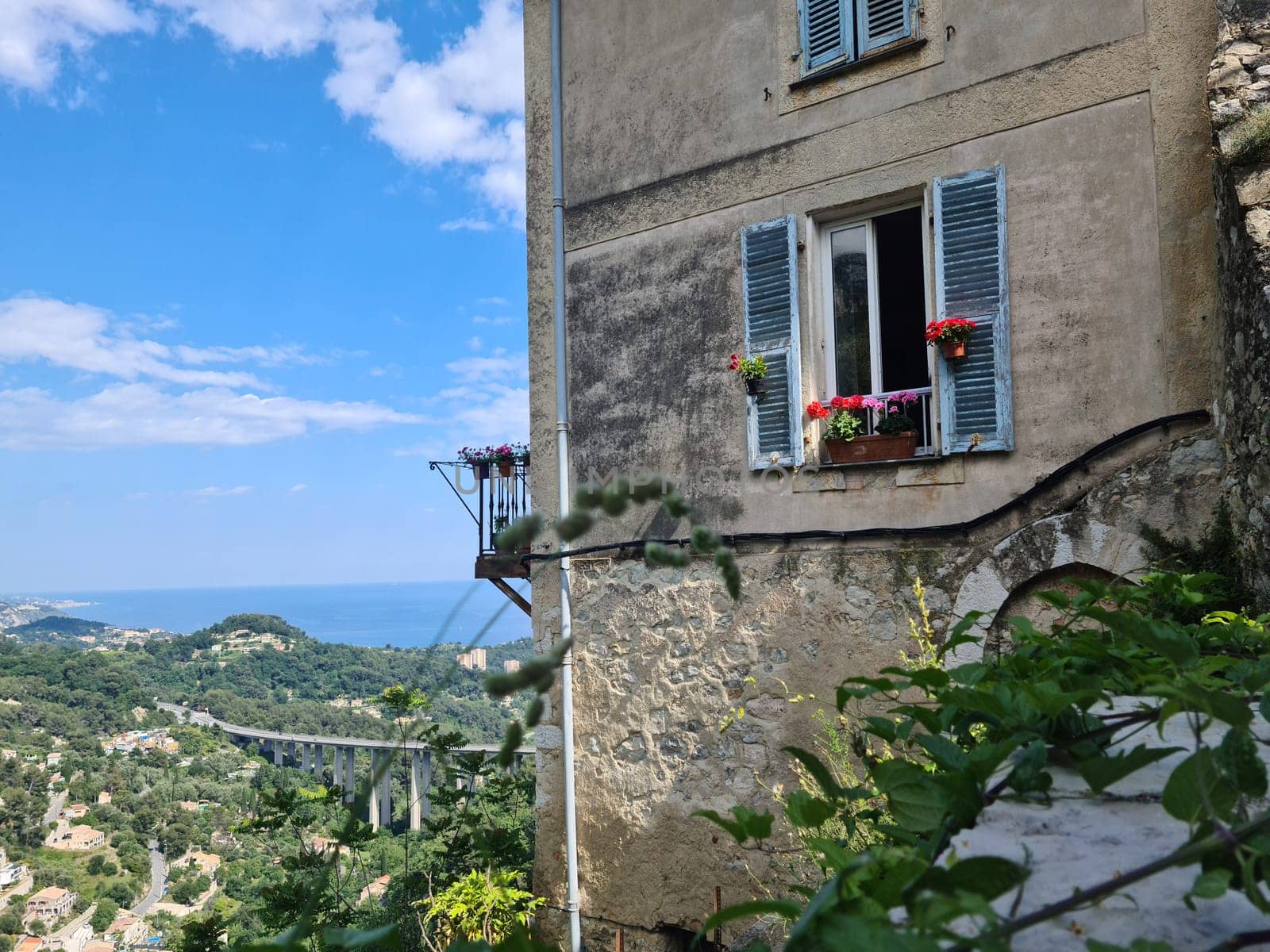 Typical Provencal House In Gorbio Village With The Mediterranean Sea In The Background, French Riviera, France, Europe .